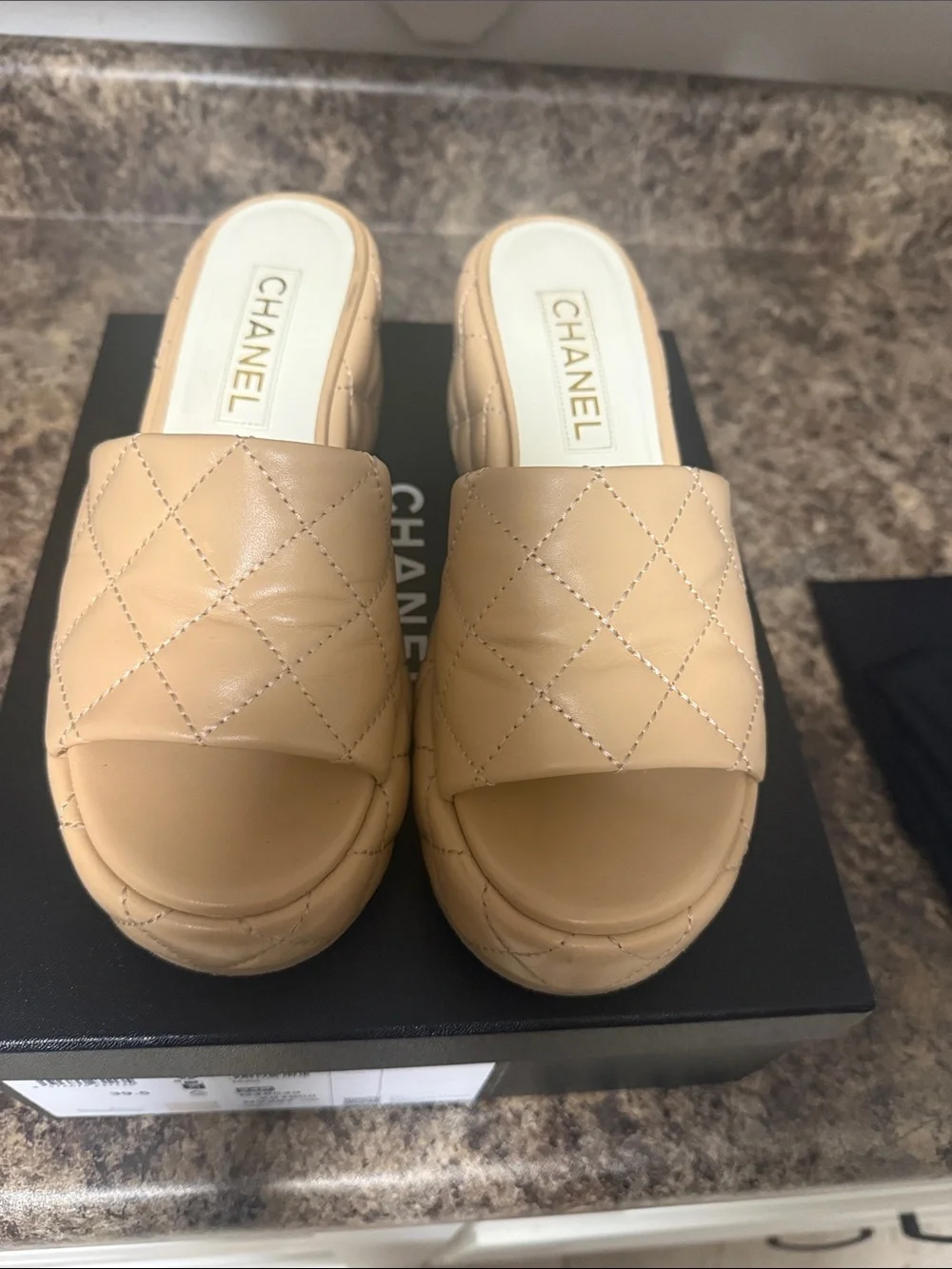CHANEL Quilted Tan Leather Slide Mules 39.5